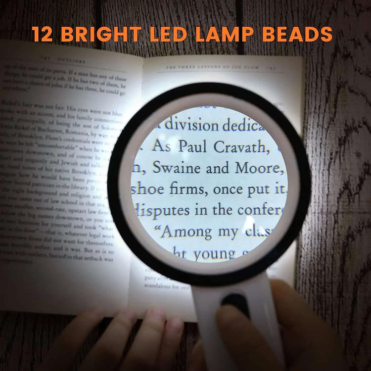 30X LED Magnifying Glass with 12 bright LED lamp beads illuminating text in a book, perfect for reading small print clearly.