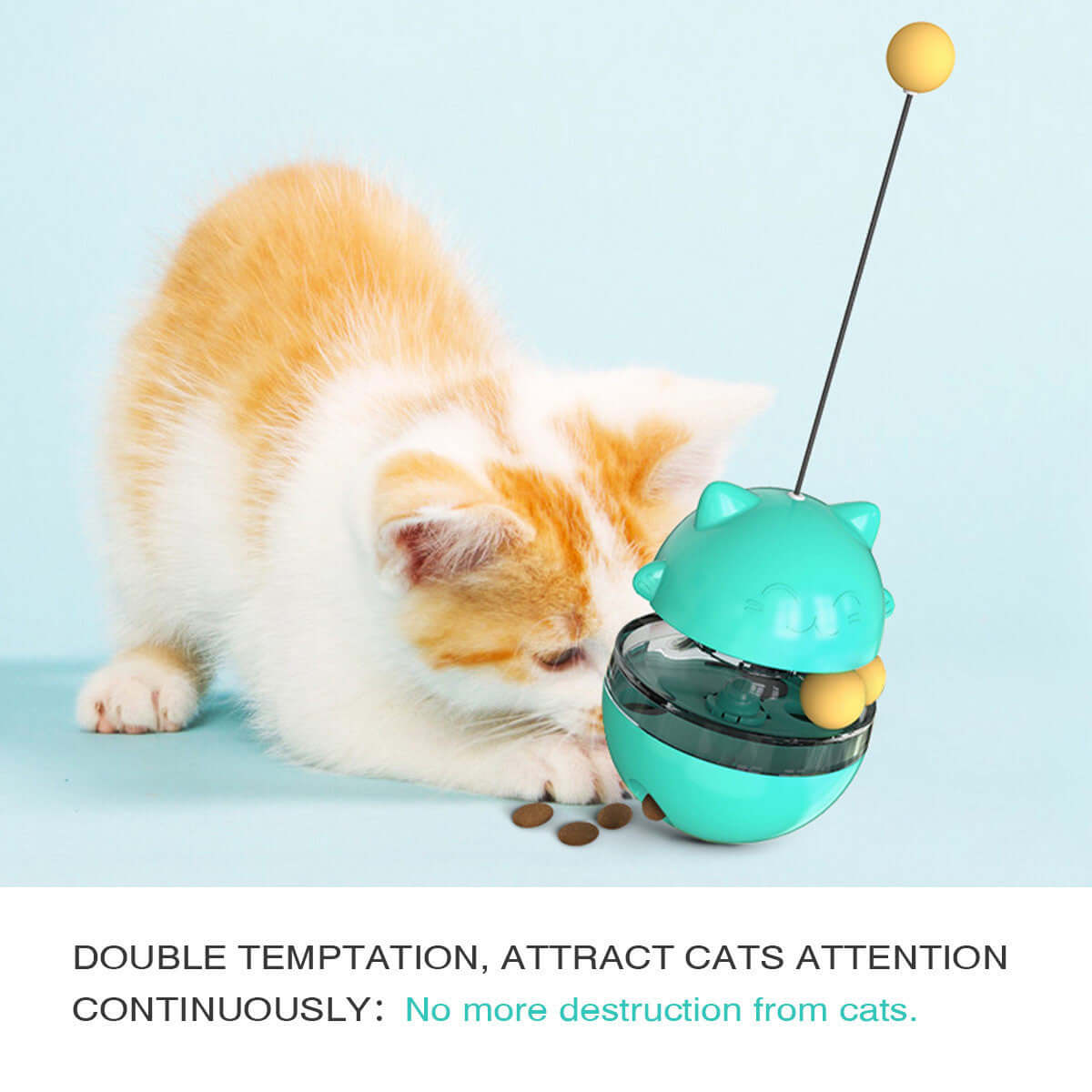 Interactive Cat Treat Ball with cute orange kitten playing and enjoying treats, stimulates hunting instincts and provides snacks.