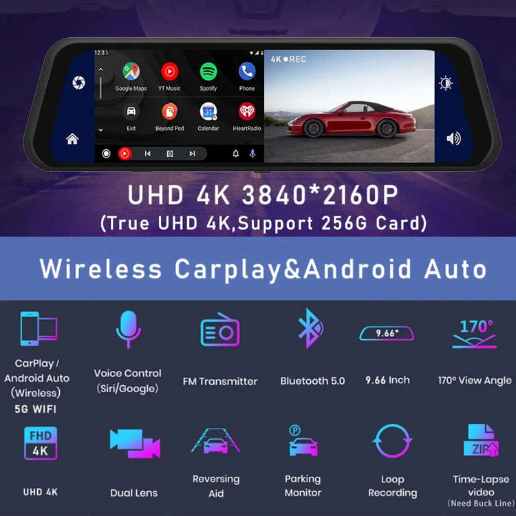 Dash Cam Mirror Screen interface showing UHD 4K 3840x2160P features and options for CarPlay and Android Auto.