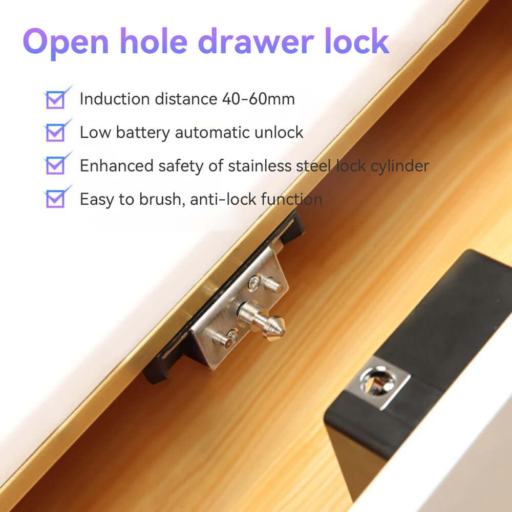 Smart Drawer Lock features induction distance, low battery unlock, enhanced safety, and easy brush anti-lock function.