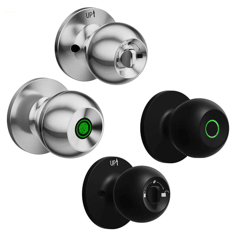 Keyless Smart Knob with App Control – Tap-In Smart Access, featuring multiple designs in silver and black.
