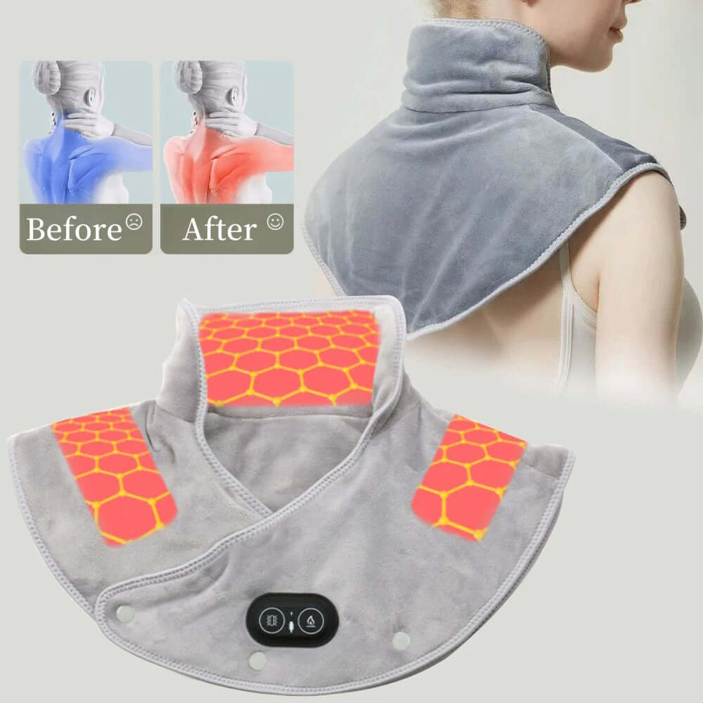 Electric Heated Neck & Shoulder Wrap providing warmth and relief, with before and after images, highlighting comfortable design.
