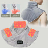 Electric Heated Neck & Shoulder Wrap providing warmth and relief, with before and after images, highlighting comfortable design.