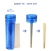All in One Tobacco Grinder showing the process of rolling with papers, from input to finished cone output.