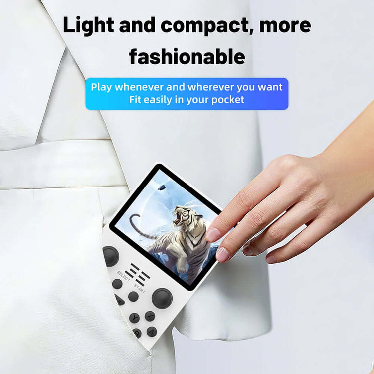 Person placing Handheld Game Console RK3326 into pocket for portable retro gaming, emphasizing compact design and ease of use.