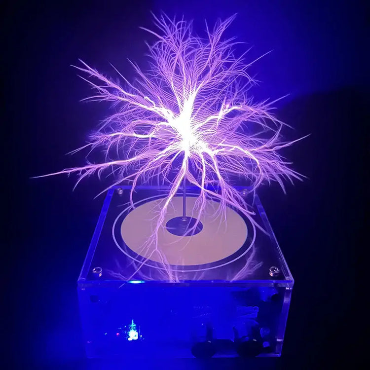 Bluetooth Tesla Coil with 10cm lightning display and music feature, showcasing electric arcs on a dark background.