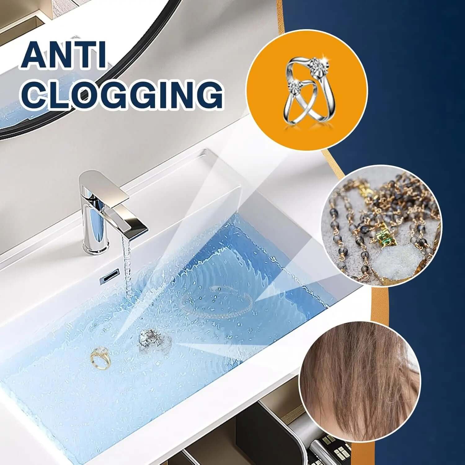 Sink Drain Stopper & Strainer preventing clogs from jewelry and hair in a modern bathroom sink.