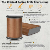 Rolling Knife Sharpener with diamond grinding disc and hardwood body for precision knife sharpening.