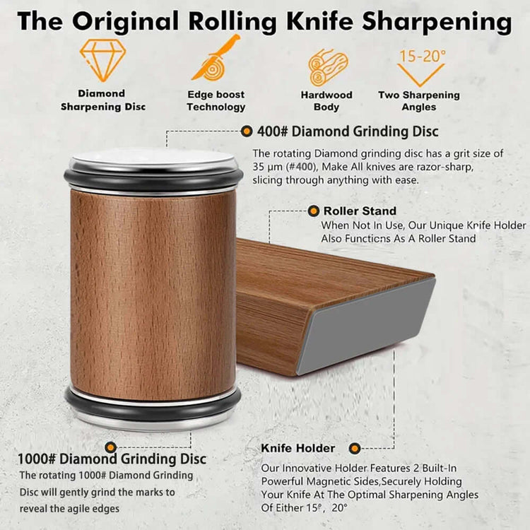 Rolling Knife Sharpener with diamond grinding disc and hardwood body for precision knife sharpening.