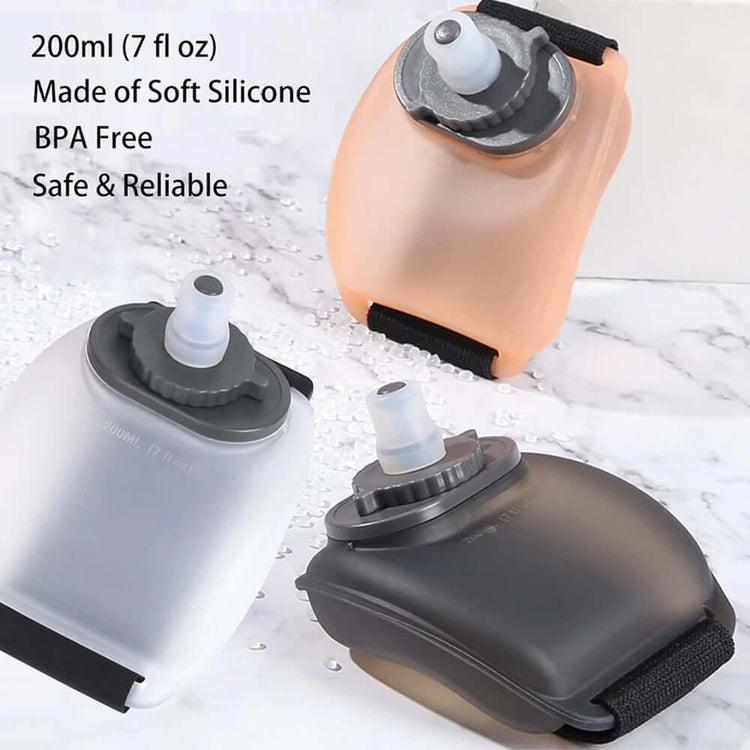Wrist Water Bottle in multiple colors, 200ml capacity, made of soft silicone, BPA free, safe and reliable for hydration on the go.
