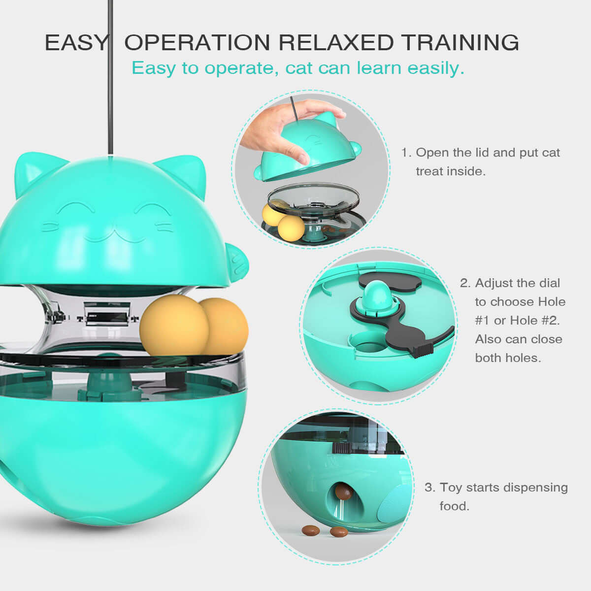 Interactive Cat Treat Ball with easy operation instructions for fun and relaxed training