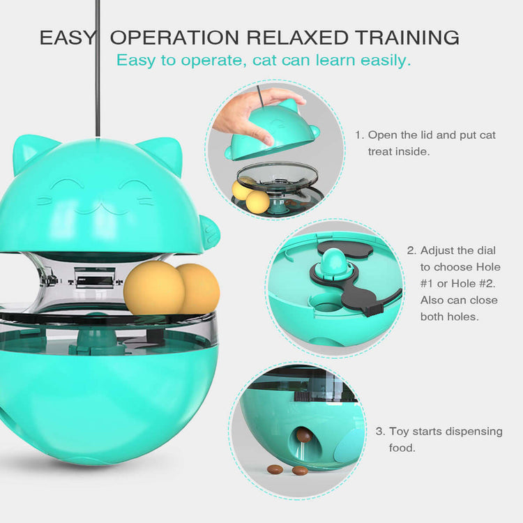 Interactive Cat Treat Ball with easy operation instructions for fun and relaxed training