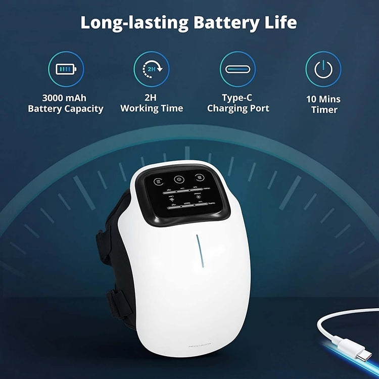 Electric Knee Therapy Device with long-lasting battery, 3000 mAh capacity, 2H working time, Type-C port, and 10 min timer.