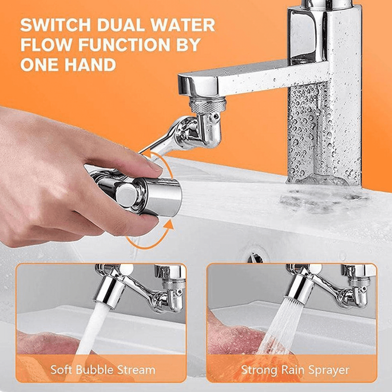 Faucet Extension with rotating dual-mode sprayer for sink upgrade, featuring soft bubble stream and strong rain sprayer functions.