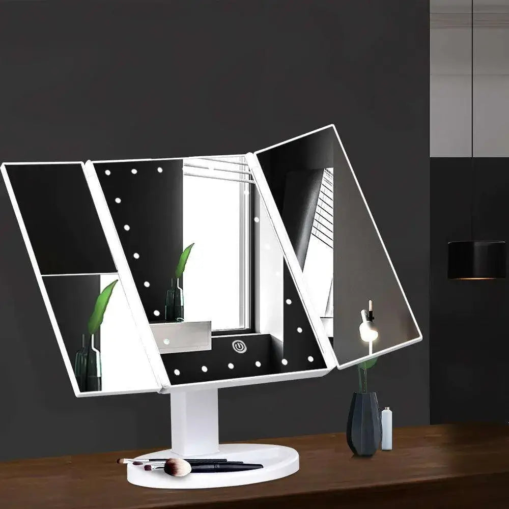 Lighting Makeup Mirror with LED lights on a wooden table, perfect for flawless makeup application.