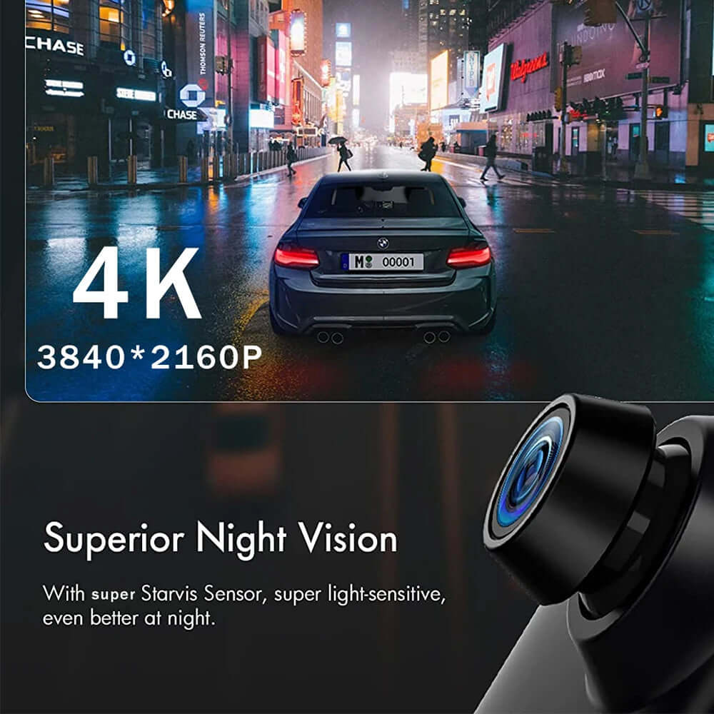 Dash Cam Mirror Screen displaying 4K resolution with superior night vision capabilities in an urban environment at night.