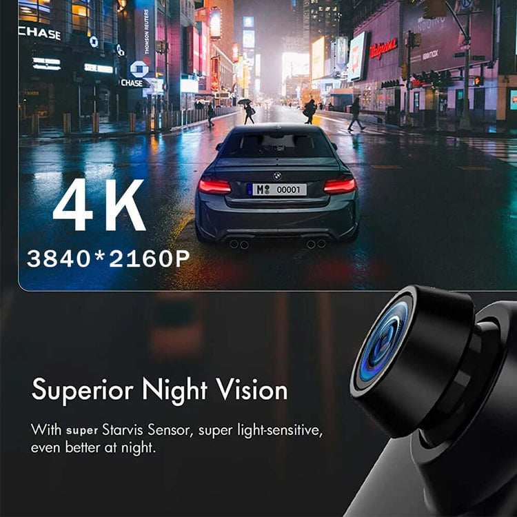 Dash Cam Mirror Screen displaying 4K resolution with superior night vision capabilities in an urban environment at night.