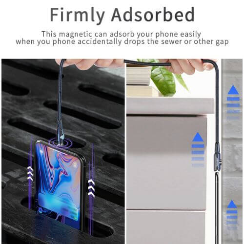 Magnetic Charging Cable securely lifting smartphone from tight space, showcasing strong magnet and LED fast charging capabilities.