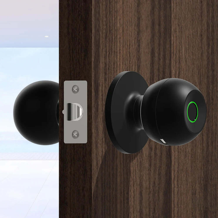 Keyless Smart Knob with App Control showcased on a wooden door, featuring a sleek black design and smart access technology.