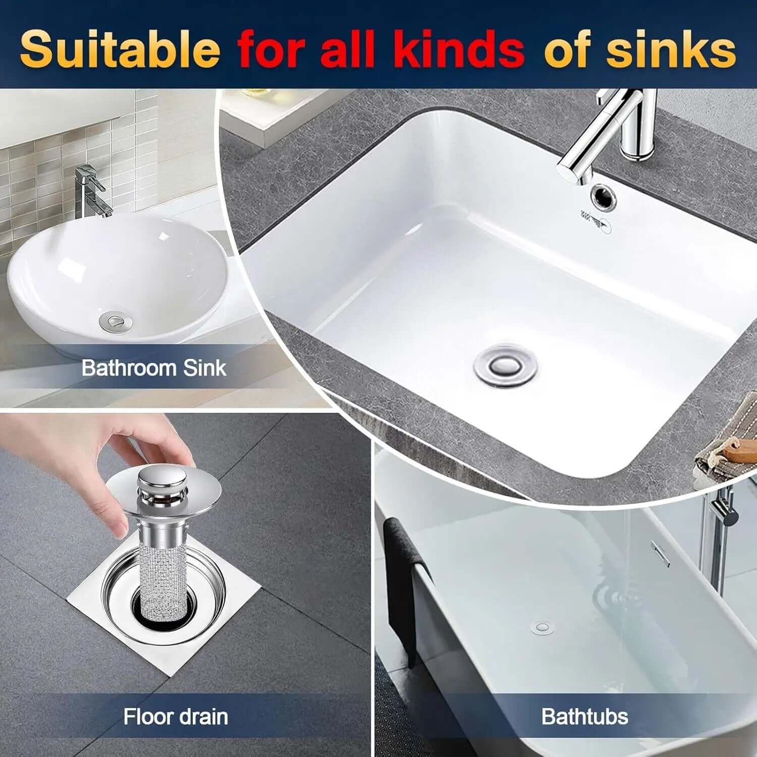 Sink Drain Stopper & Strainer in various sinks including bathroom, kitchen, floor drain, and bathtub, preventing clogs.