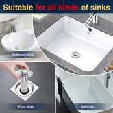 Sink Drain Stopper & Strainer in various sinks including bathroom, kitchen, floor drain, and bathtub, preventing clogs.