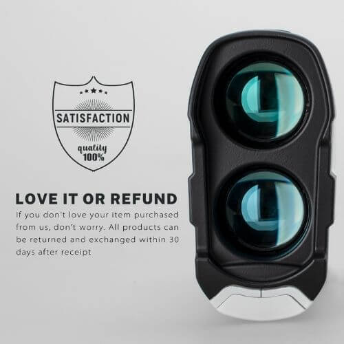 Rangefinder Golf device with warranty slogan offering satisfaction guarantee and refund policy.
