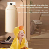 Electric Travel Clothes Dryer warming clothes for baby, fast 5-minute heat in cozy room with baby in yellow towel.