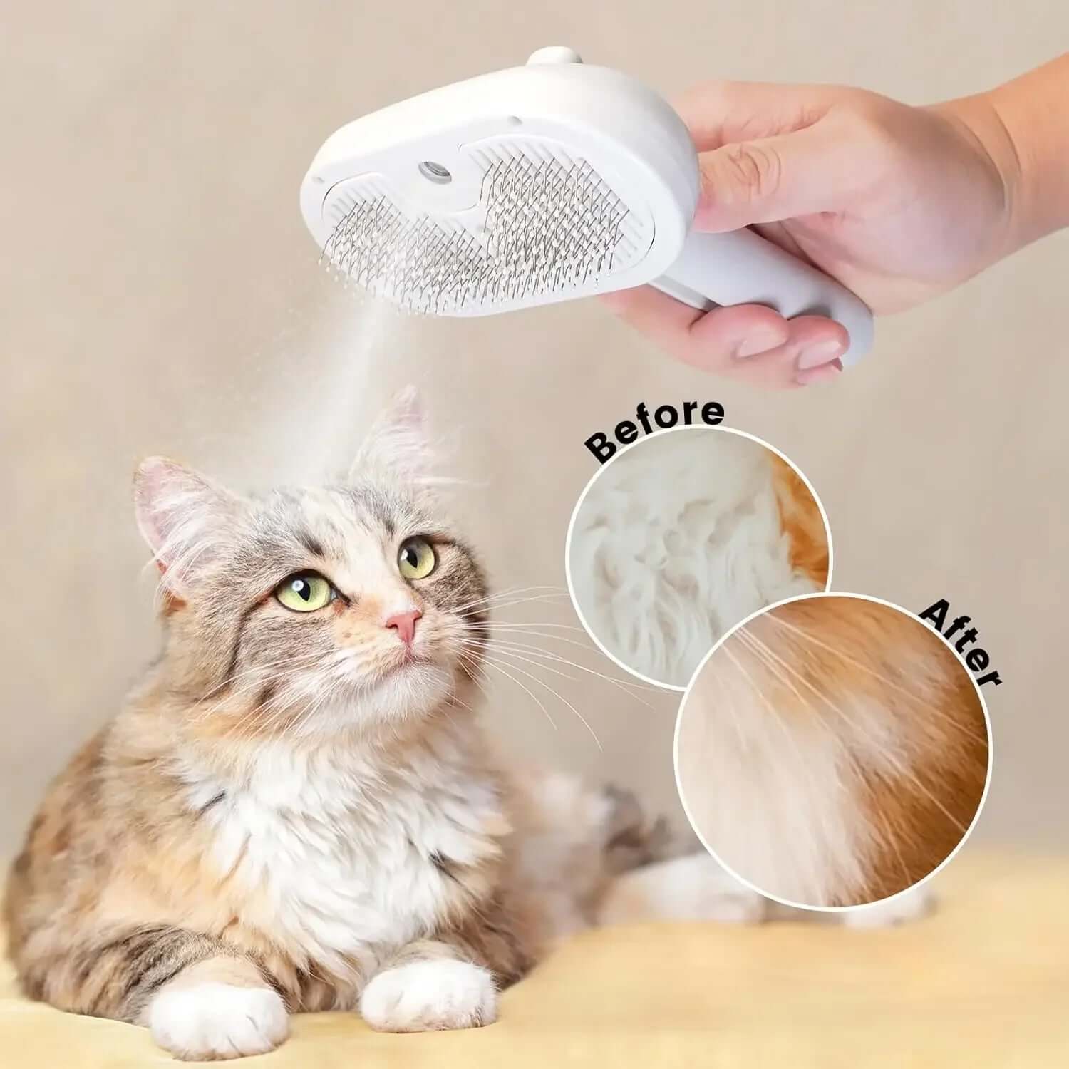Pet Steam Brush in use on a cat, showing before and after results for grooming and deshedding.
