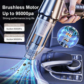 Car Vacuum Cleaner & Blower showcasing brushless motor and powerful suction performance up to 95000pa for effective car cleaning.