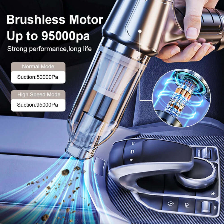 Car Vacuum Cleaner & Blower showcasing brushless motor and powerful suction performance up to 95000pa for effective car cleaning.