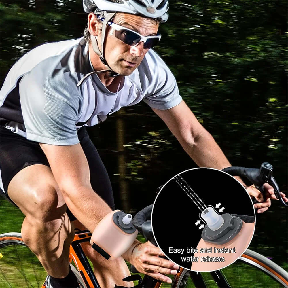 Wrist Water Bottle designed for cyclists, featuring easy bite and instant water release for hydration on the go.