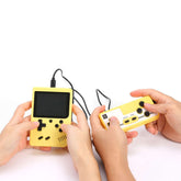 Hands holding a yellow Retro Mini Handheld Game Console and controller, perfect for on-the-go gaming and pocket-size nostalgia.