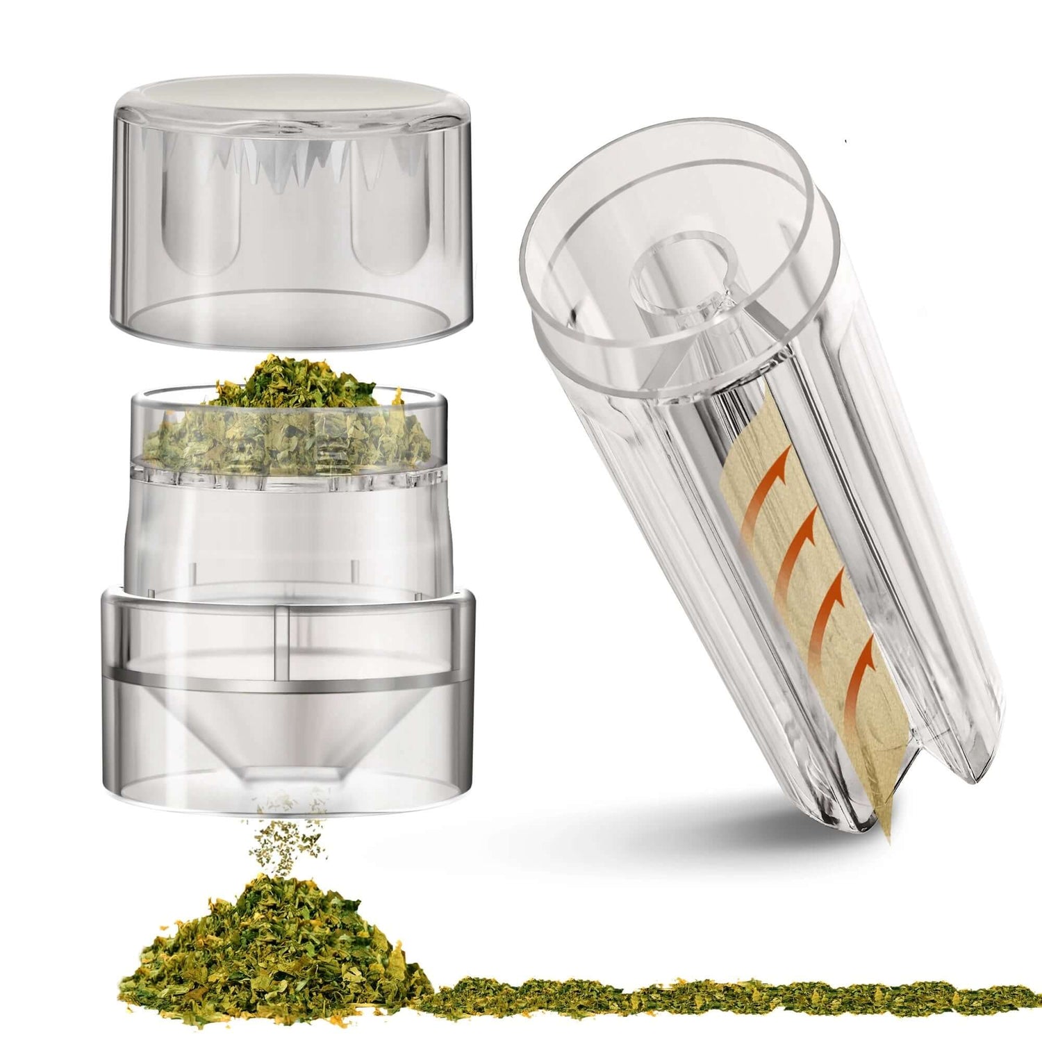 All in One Tobacco Grinder showing disassembled parts, filled with ground tobacco, highlighting its sleek design and functionality.
