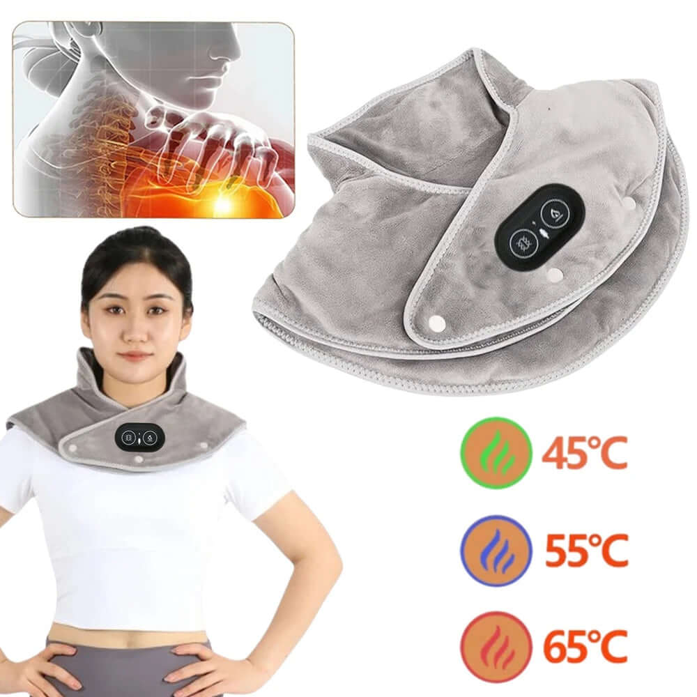 Electric Heated Neck & Shoulder Wrap with temperature settings shown and a woman wearing the wrap for comfort and relief.