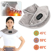 Electric Heated Neck & Shoulder Wrap with temperature settings shown and a woman wearing the wrap for comfort and relief.