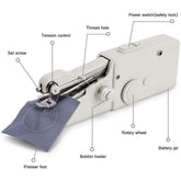 Diagram of Handheld Sewing Machine with labeled parts: power switch, tension control, bobbin holder, rotary wheel, and presser foot.