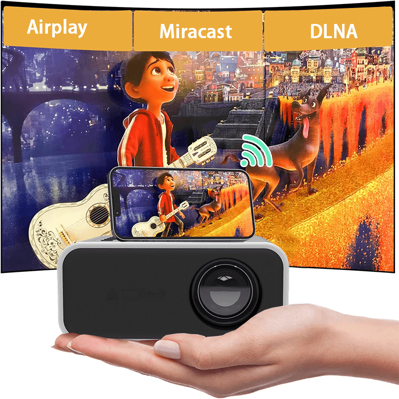 Mini LED Wireless Projector YT300 showcasing portable home cinema setup with smartphone streaming.