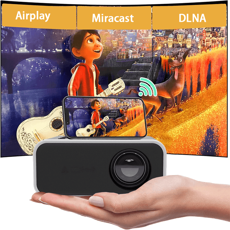 Mini LED Wireless Projector YT300 showcasing portable home cinema setup with smartphone streaming.