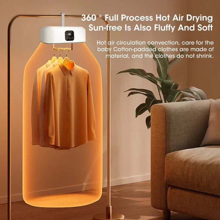 360° Full Process Hot Air Drying system showing a shirt being dried indoors. Electric Travel Clothes Dryer for effective laundry.