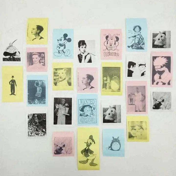 Colorful printed images using the PeriPage Pocket Printer showcasing various characters and icons in a grid layout on a white background.