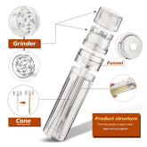 Image of All in One Tobacco Grinder showcasing grinder, funnel, and cone making stick for easy assembly.