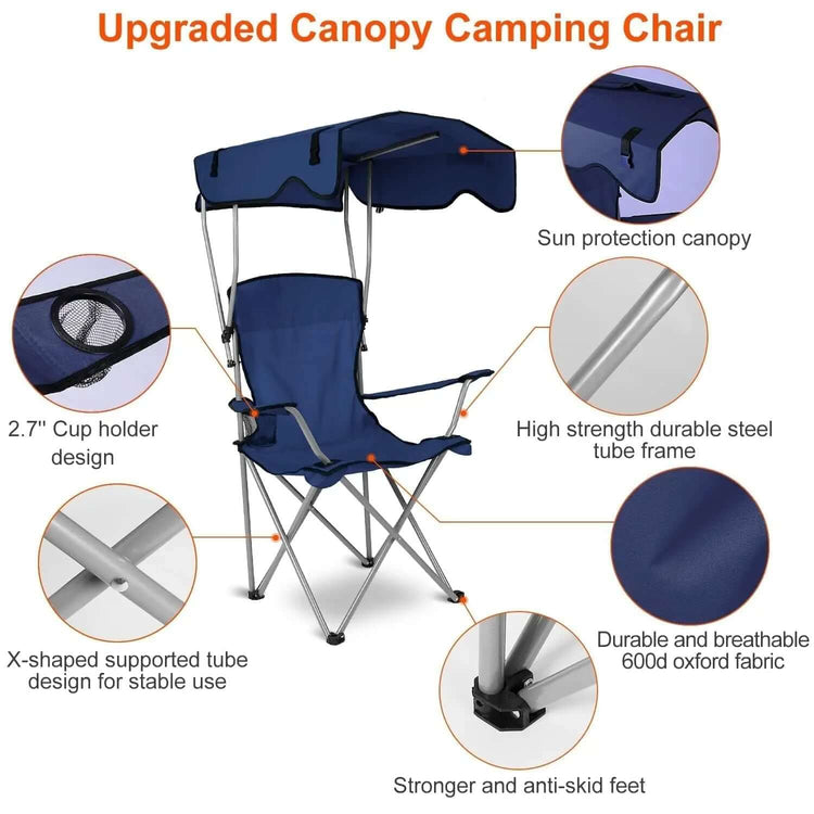 Camping Chair with Canopy showcasing upgraded features including sun protection, cup holder, and durable frame.