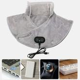 Electric Heated Neck & Shoulder Wrap - Gray wearable wrap with USB connection, shown with various power sources for instant warmth.