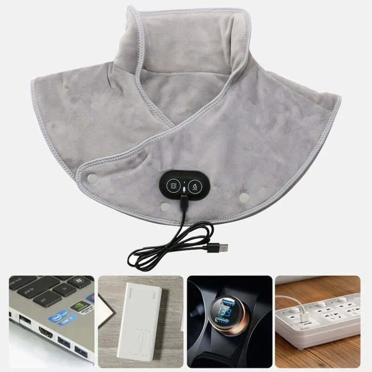 Electric Heated Neck & Shoulder Wrap - Gray wearable wrap with USB connection, shown with various power sources for instant warmth.
