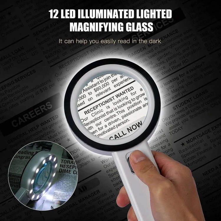Person holding 30X LED Magnifying Glass reading newspaper in low light with LED illumination, perfect for tiny print and tired eyes.