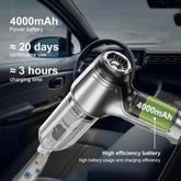 Car Vacuum Cleaner & Blower with 4000mAh battery providing 20 days of continuous use and 3 hours charging time.