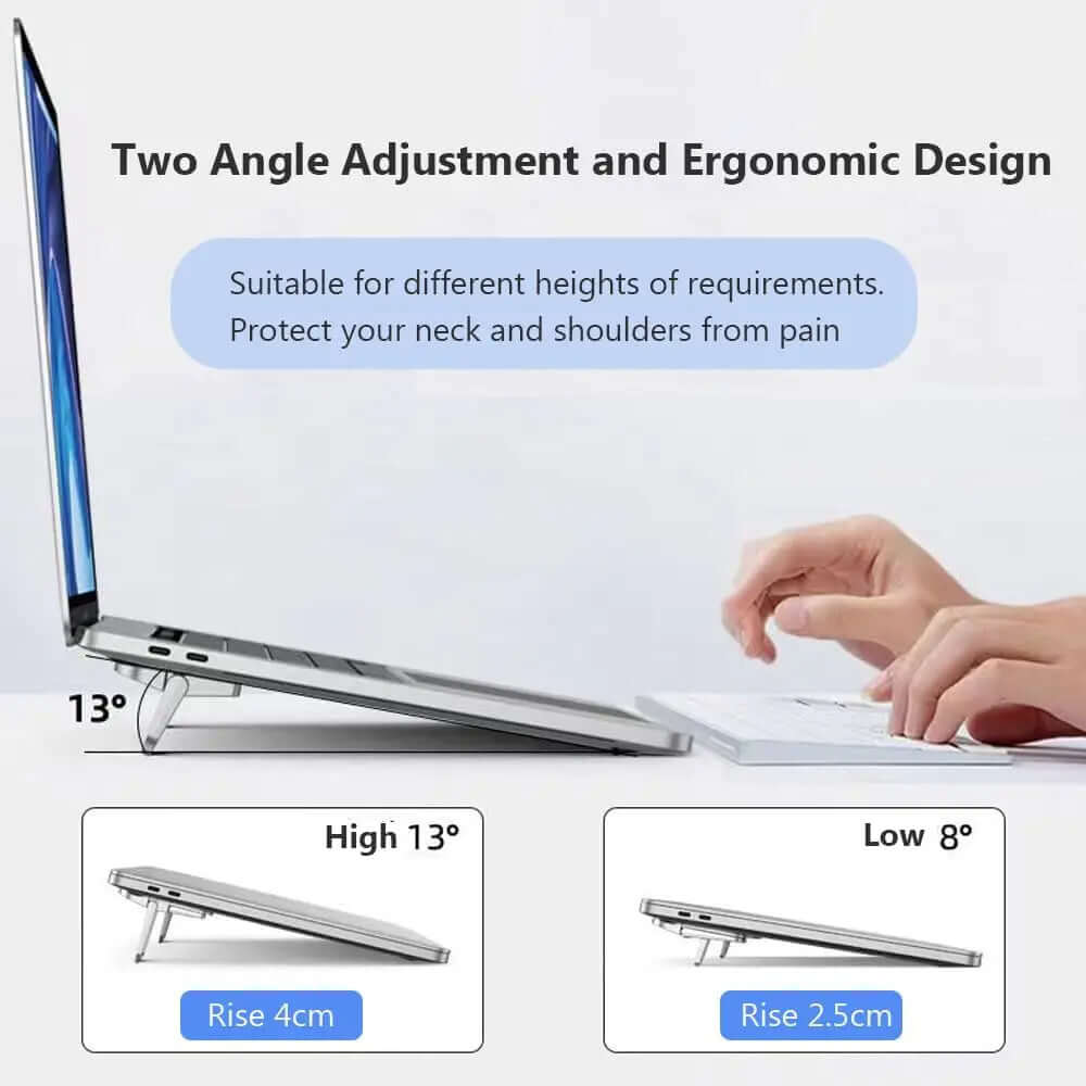 Laptop Stand with two angle adjustments for ergonomic design, ensuring comfort and reducing neck and shoulder pain.