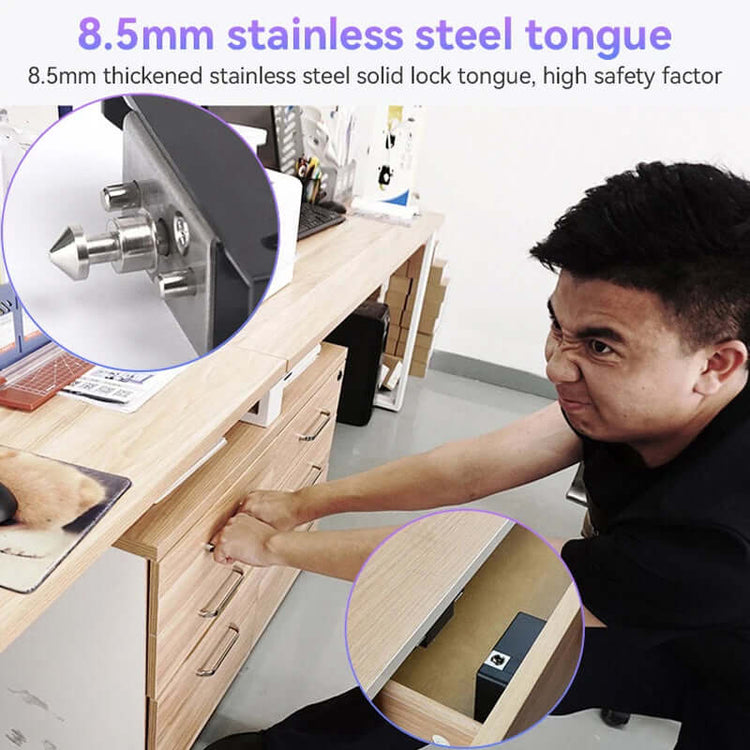 Close-up of smart drawer lock installation with 8.5mm stainless steel tongue for enhanced security and safety.