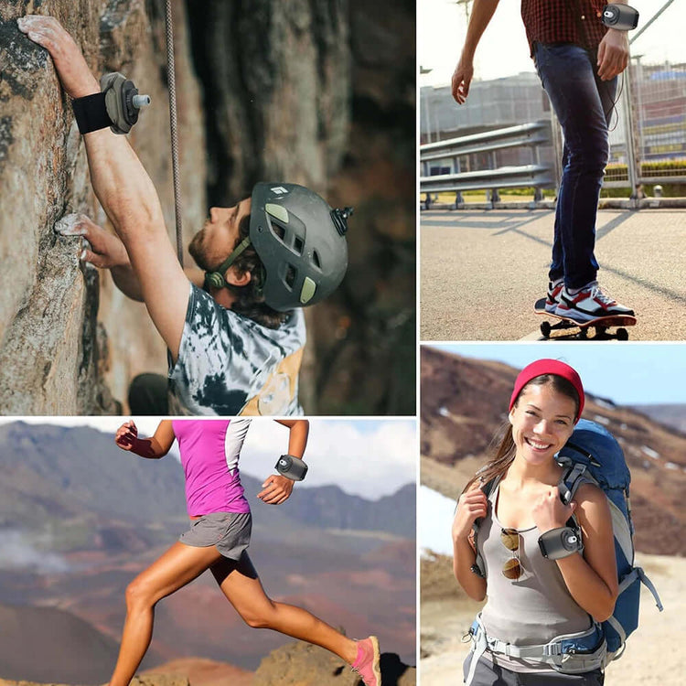 Wrist Water Bottle in use by various athletes during climbing, skateboarding, and running for hydration on-the-go.