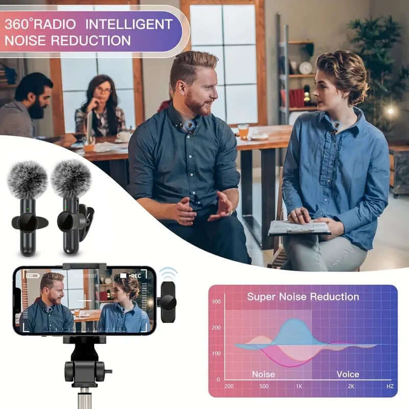 Wireless Lavalier Microphone showcasing intelligent noise reduction with two microphones and smartphone setup.
